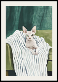 En poster av en sphynxkatt på en randig filt-2