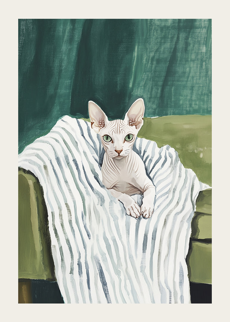 A poster of a sphynx cat on a striped blanket-12