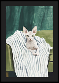 A poster of a sphynx cat on a striped blanket-4