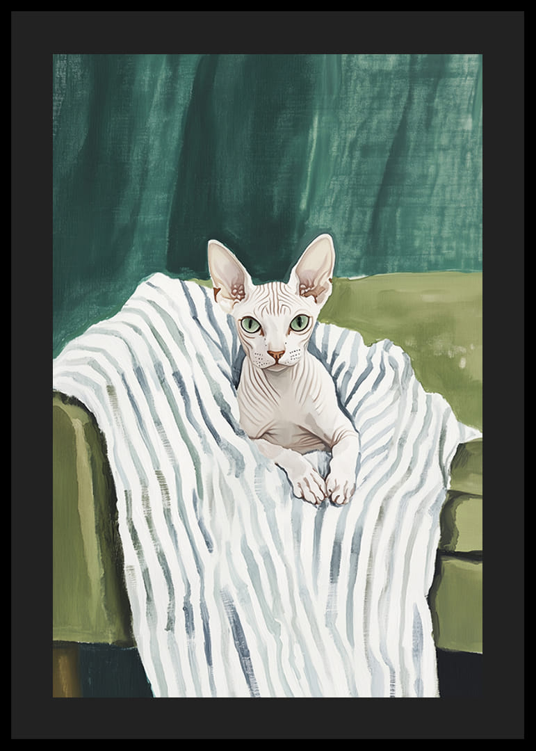 En poster av en sphynxkatt på en randig filt-12