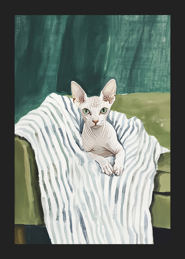 A poster of a sphynx cat on a striped blanket-12