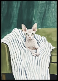 A poster of a sphynx cat on a striped blanket-6