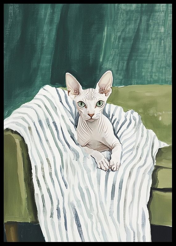 Un poster cu o pisică sphynx pe o pătură în dungi-12