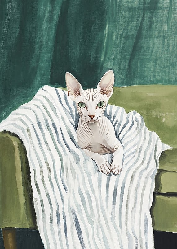 A poster of a sphynx cat on a striped blanket-12