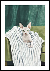 A poster of a sphynx cat on a striped blanket-0