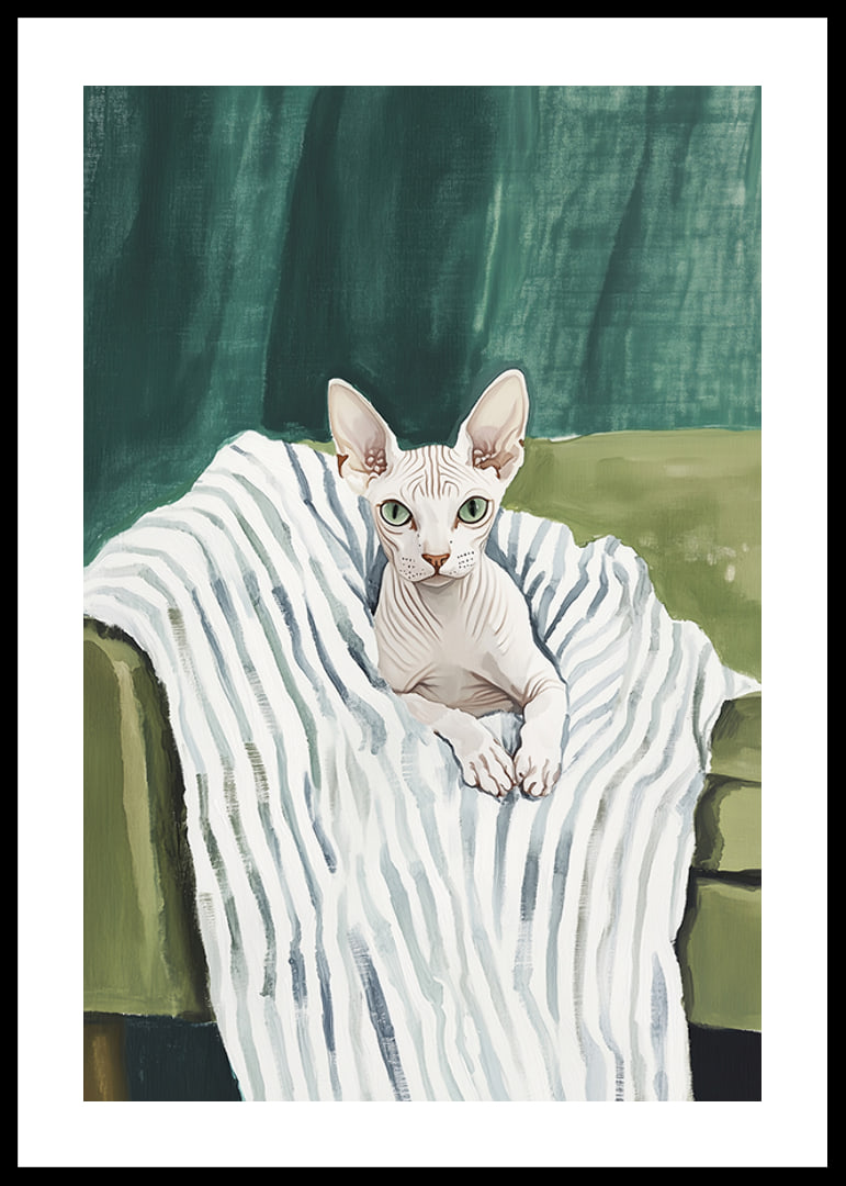 A poster of a sphynx cat on a striped blanket-12