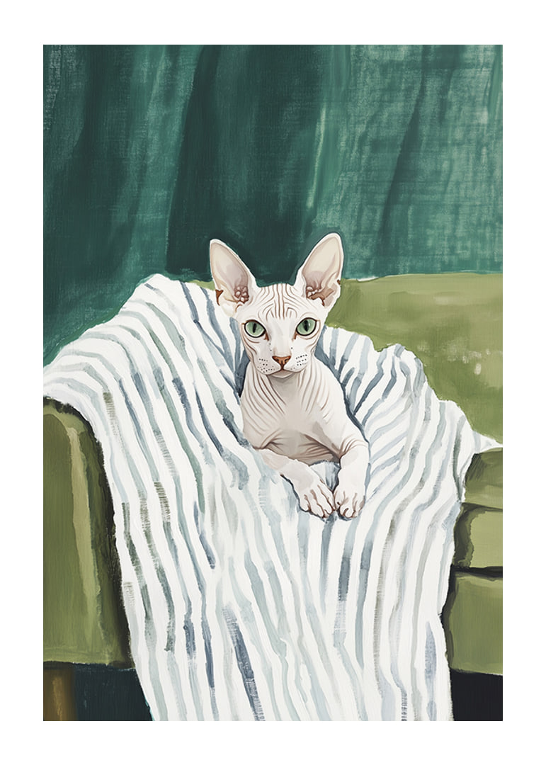 A poster of a sphynx cat on a striped blanket-12