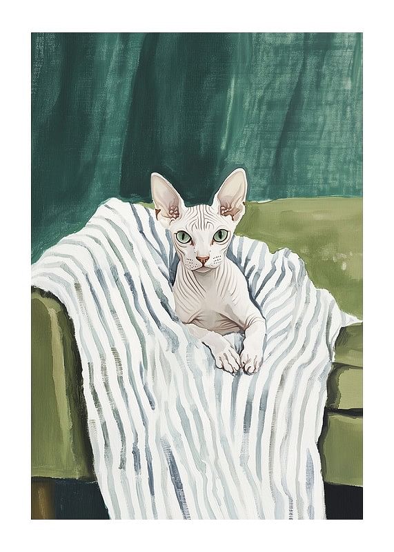 Un poster cu o pisică sphynx pe o pătură în dungi-12