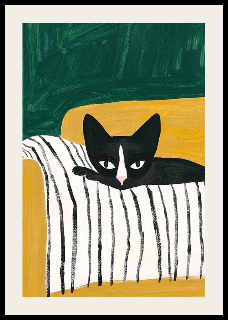 A poster of a black and white cat on a striped blanket-12