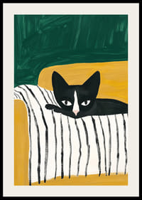 En poster av en svartvit katt på en randig filt-2