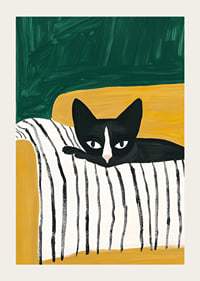A poster of a black and white cat on a striped blanket-3