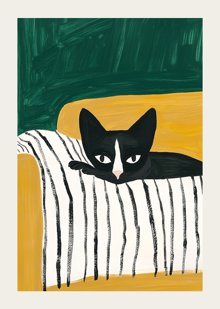 A poster of a black and white cat on a striped blanket-12
