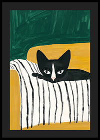 A poster of a black and white cat on a striped blanket-4
