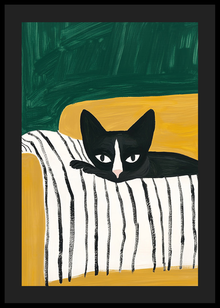 A poster of a black and white cat on a striped blanket-12
