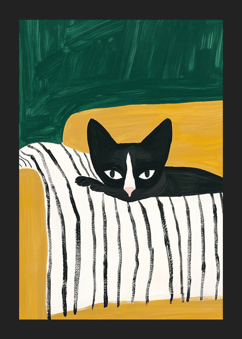 A poster of a black and white cat on a striped blanket-12