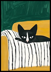 A poster of a black and white cat on a striped blanket-6