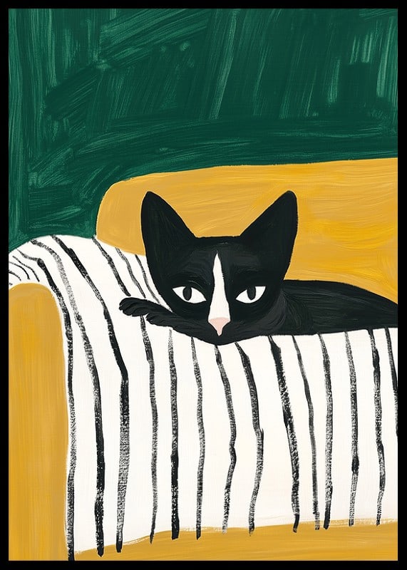 A poster of a black and white cat on a striped blanket-12