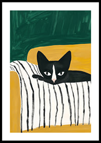 A poster of a black and white cat on a striped blanket-0