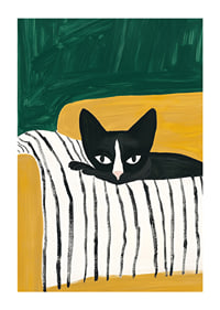 A poster of a black and white cat on a striped blanket-1