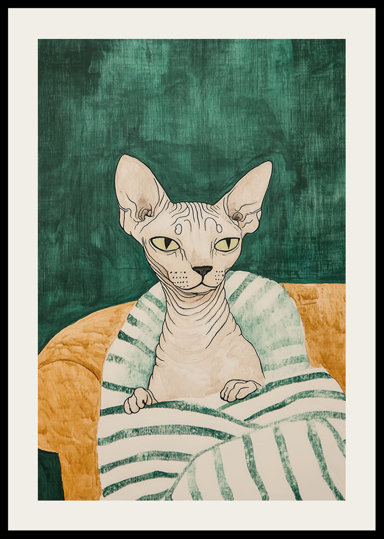 En poster av en sphynxkatt i en randig filt-12