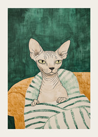 En poster av en sphynxkatt i en randig filt-3
