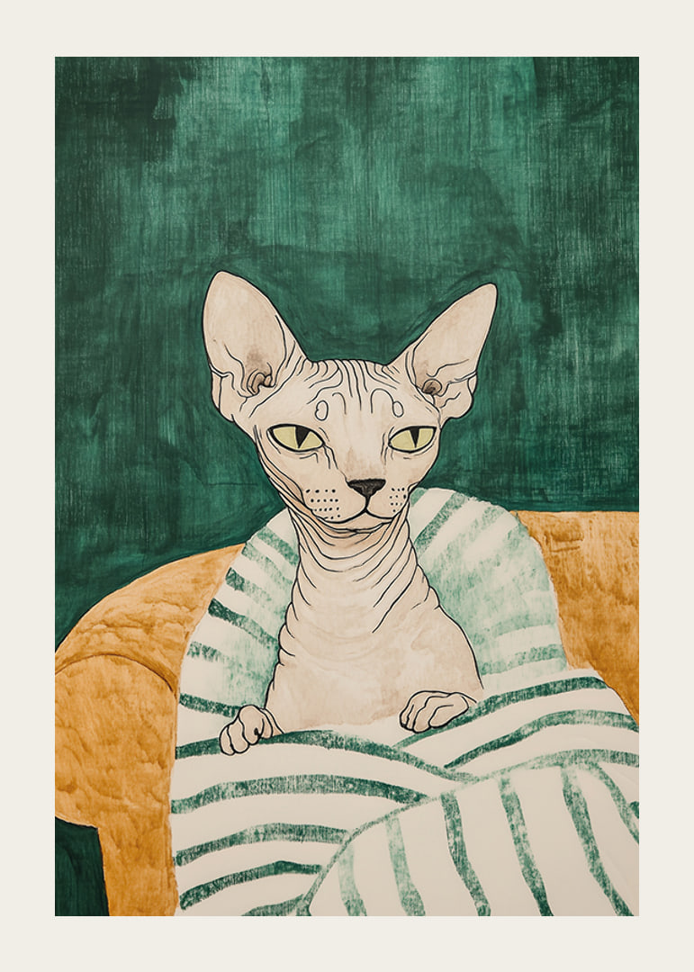 En poster av en sphynxkatt i en randig filt-12