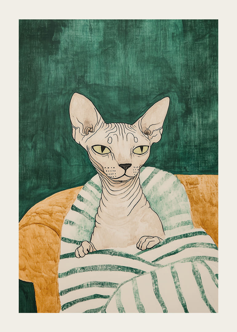 En poster av en sphynxkatt i en randig filt-12