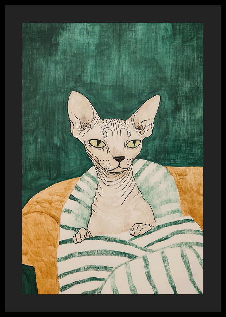 En poster av en sphynxkatt i en randig filt-12