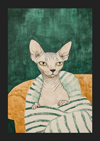 En poster av en sphynxkatt i en randig filt-5