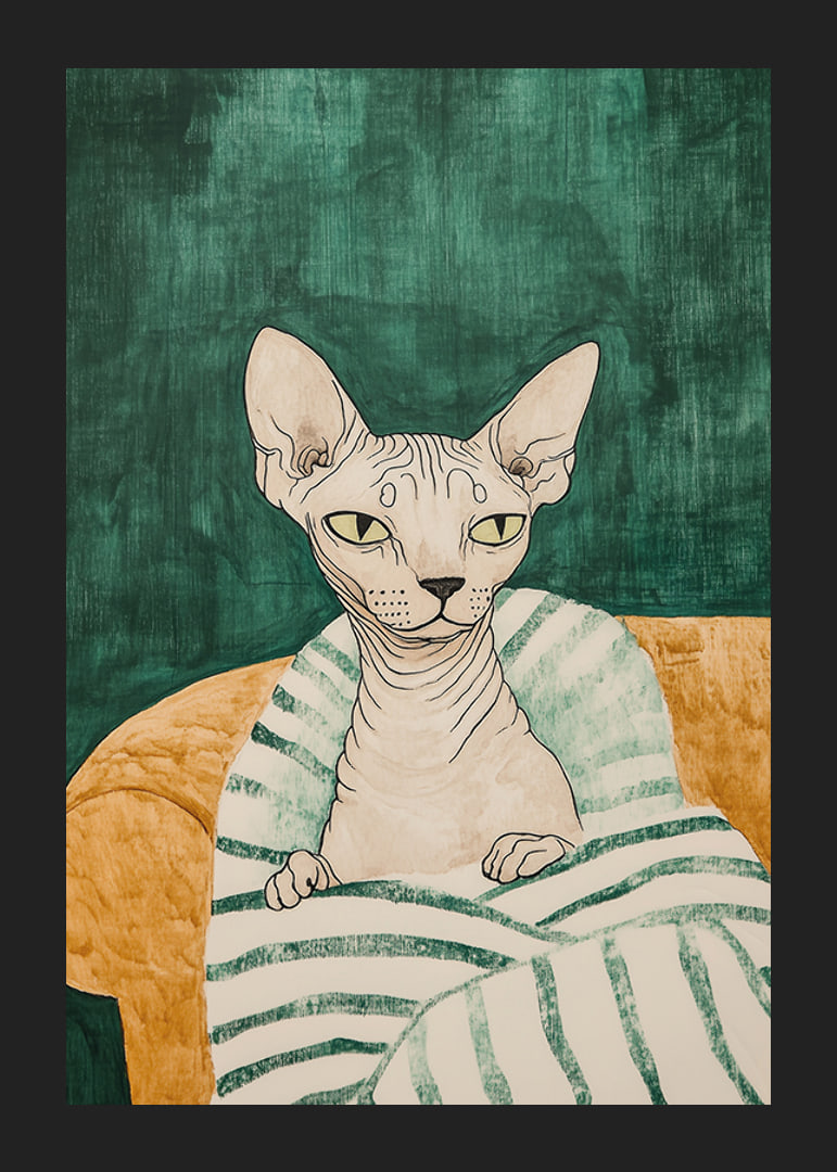 En poster av en sphynxkatt i en randig filt-12