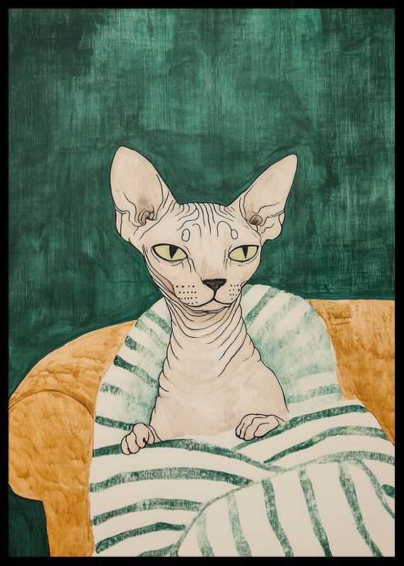 Un poster cu o pisică sphynx într-o pătură cu dungi-12