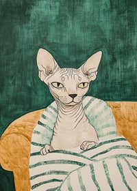 En poster av en sphynxkatt i en randig filt-7
