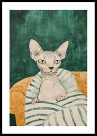 Un poster cu o pisică sphynx într-o pătură cu dungi-0