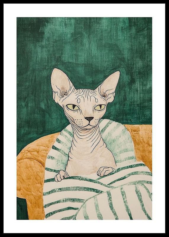 Un poster cu o pisică sphynx într-o pătură cu dungi-12