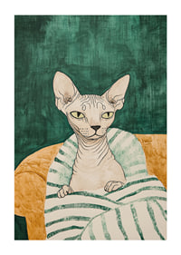En poster av en sphynxkatt i en randig filt-1