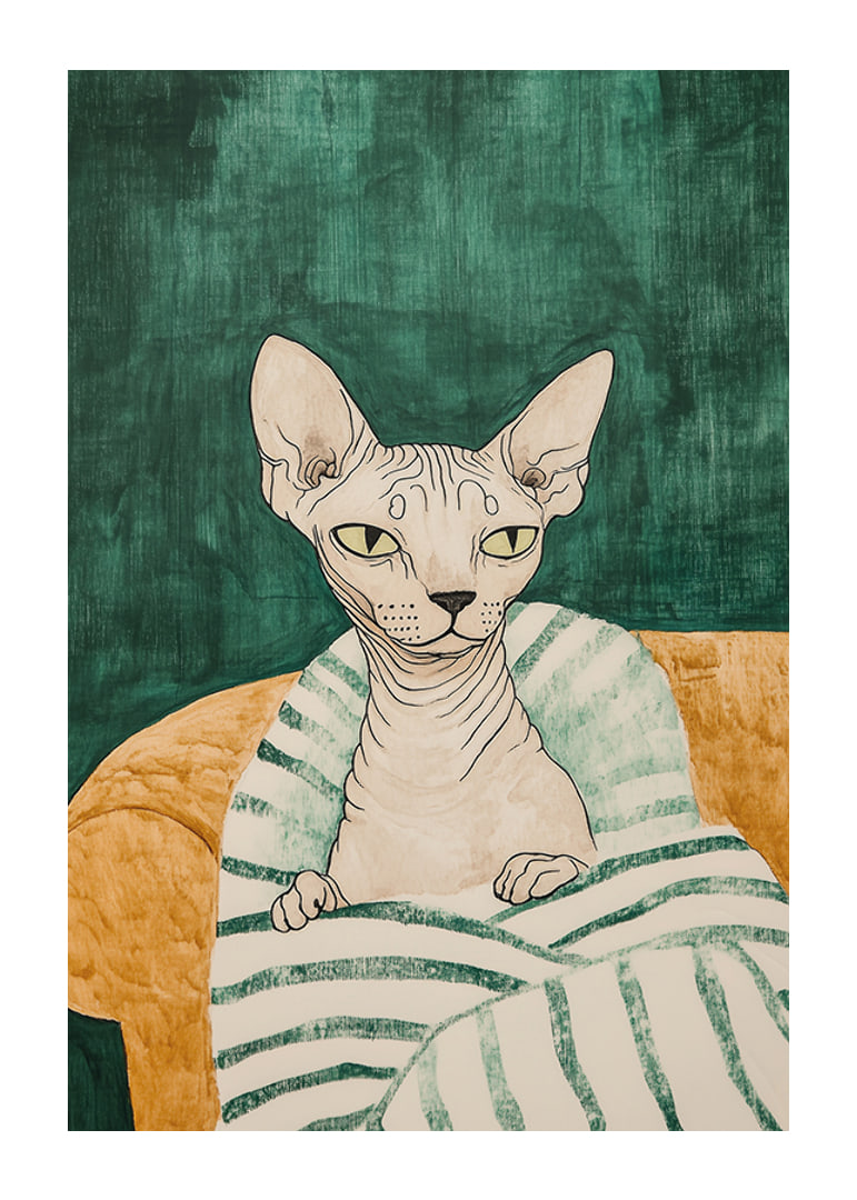 En poster av en sphynxkatt i en randig filt-12