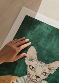 En poster av en sphynxkatt i en randig filt-9