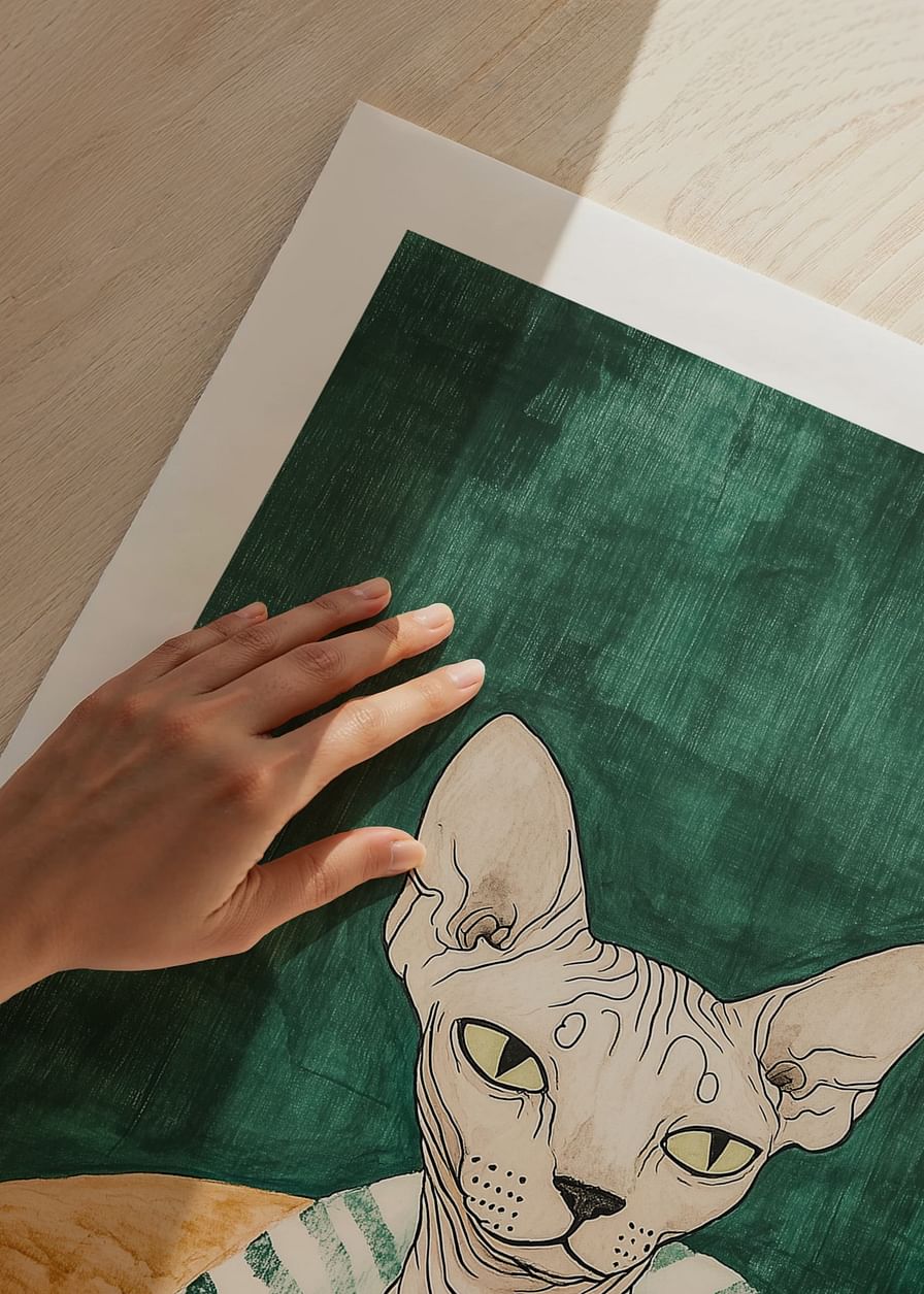 Un poster cu o pisică sphynx într-o pătură cu dungi-12