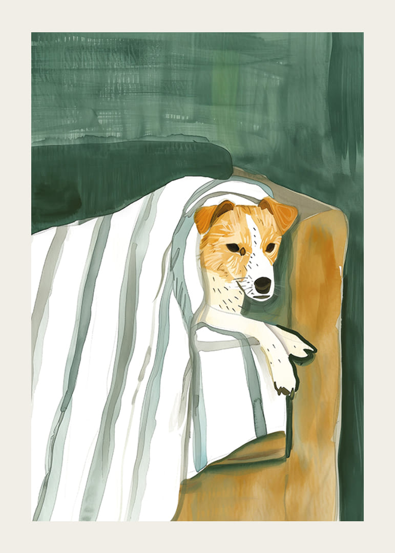 Un poster cu un cățeluș drăguț învelit într-o pătură cu dungi-12