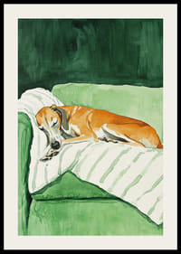 Een poster van een slapende hond op een gestreepte deken-2