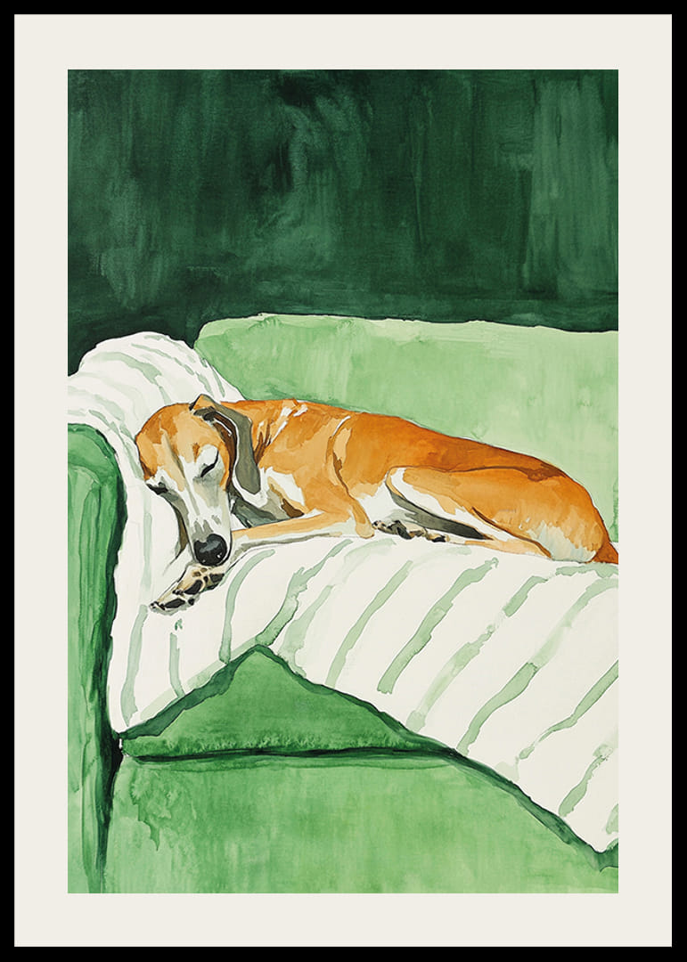 Een poster van een slapende hond op een gestreepte deken-12