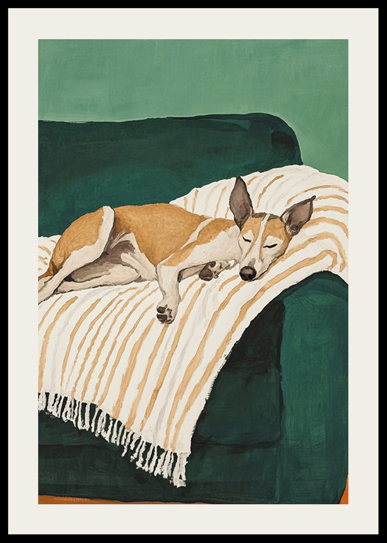 A poster of a sleeping dog on a striped blanket-12