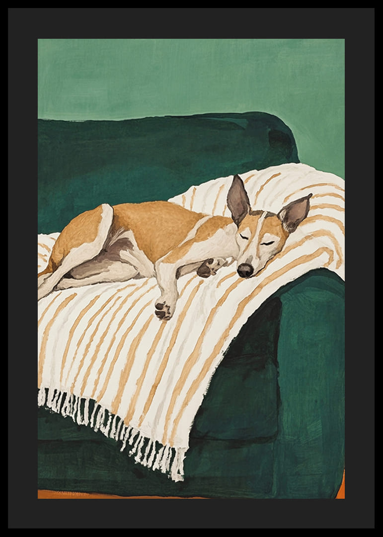 A poster of a sleeping dog on a striped blanket-12