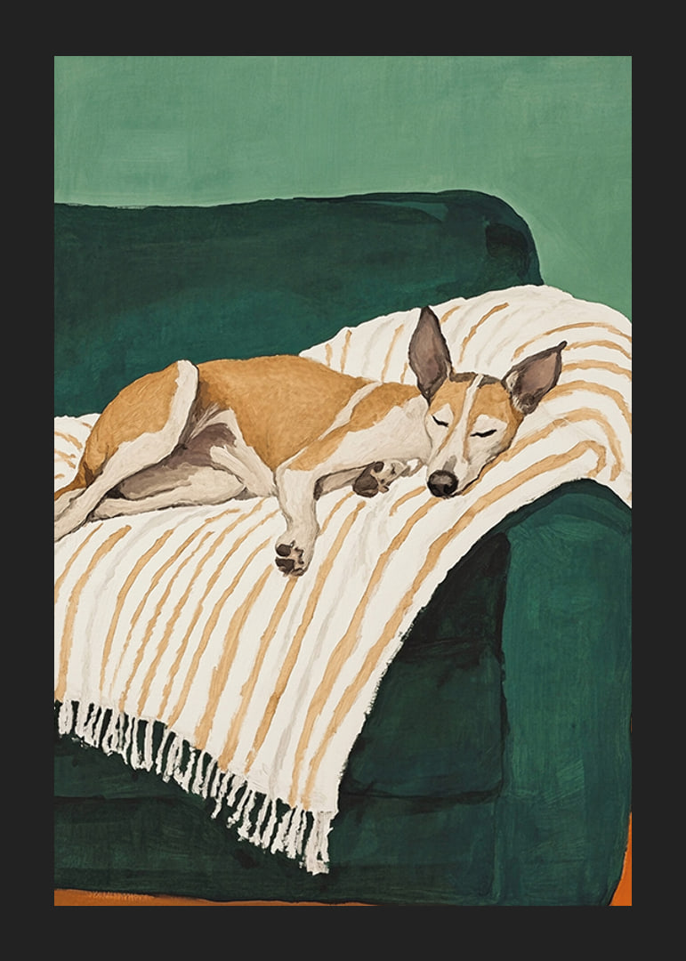 En poster av en sovande hund på en randig filt-12