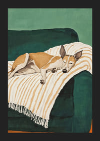 A poster of a sleeping dog on a striped blanket-5