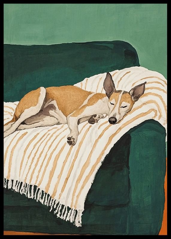 Une affiche d'un chien endormi sur une couverture rayée-12