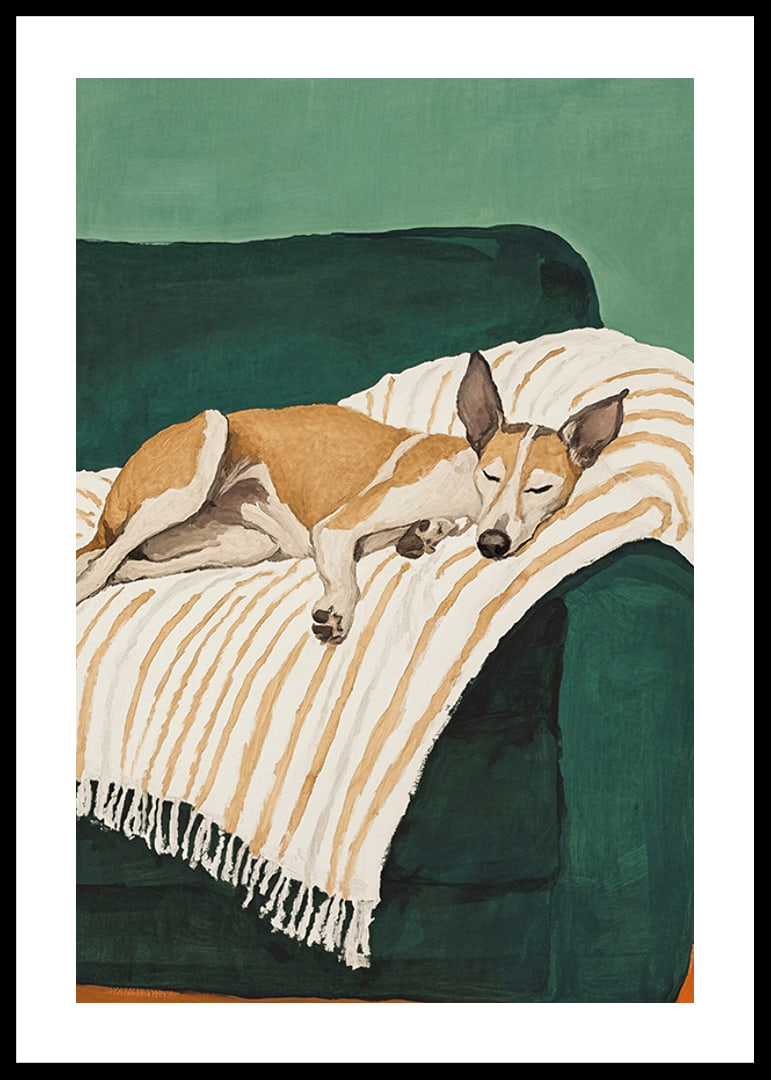 En poster av en sovande hund på en randig filt-12