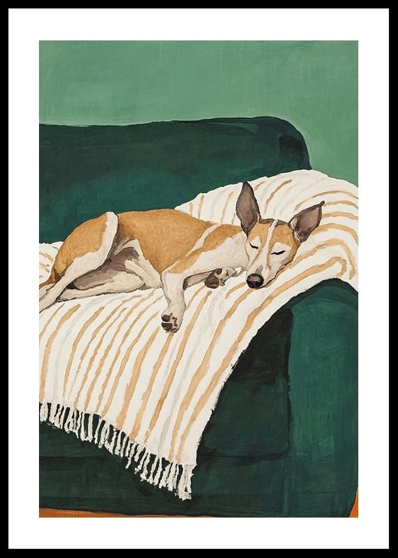 Une affiche d'un chien endormi sur une couverture rayée-12
