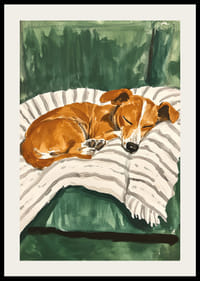 En poster av en sovande valp på en randig filt-2