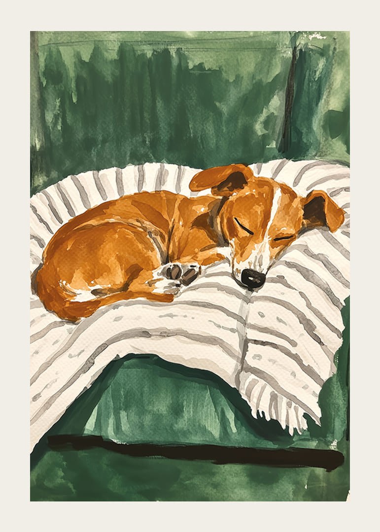 En poster av en sovande valp på en randig filt-12